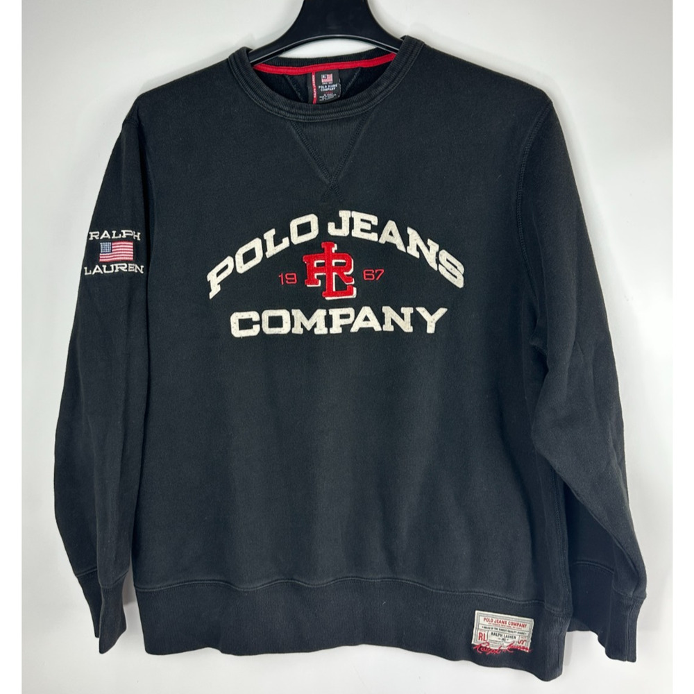 Vtg Y2k Polo Jeans Co Ralph Lauren Sweatshirt Large Black USA Flag Patch 1967 - Picture 2 of 12